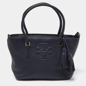 Pre Owned Tory Burch Blue Leather Top Zip Tassel Tote
