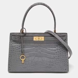 Pre Owned Tory Burch Grey Croc Embossed Leather Small Lee Radziwill Top Handle Bag