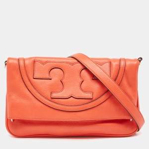 Pre Owned Tory Burch Orange Leather Fold Over Shoulder Bag