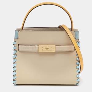 Pre Owned Tory Burch Tricolor Whipstitch Leather Lee Radziwill Double Top Handle Bag