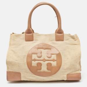 Pre Owned Tory Burch Natural/Beige Canvas and Leather Large Ella Tote