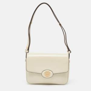 Tory Burch Off White Patent Leather Robinson Spazzolato Shoulder Bag