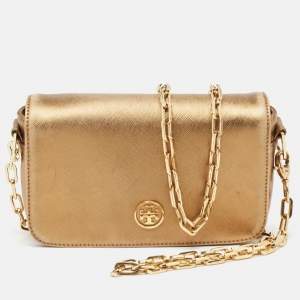 Pre Owned Tory Burch Gold Leather Logo Flap Chain Bag