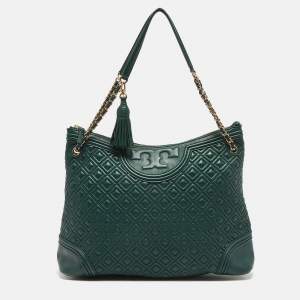 Tory Burch Green Leather Fleming Top Zip Shoulder Bag