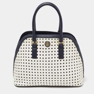 Tory Burch White/Blue Woven Leather Robinson Dome Satchel