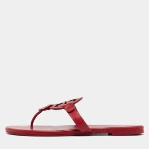 Pre Owned Tory Burch Red Leather Miller Flats Size 38