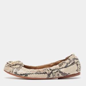 Tory Burch Beige/Black Python Embossed Leather Scrunch Ballet Flats Size 37.5