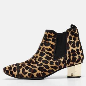 Tory Burch Brown/Beige Leopard Print Calf Hair Ankle Boots Size 38.5