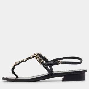 Pre Owned Tory Burch Black Leather Chain Detail Thong Sandals Size 36
