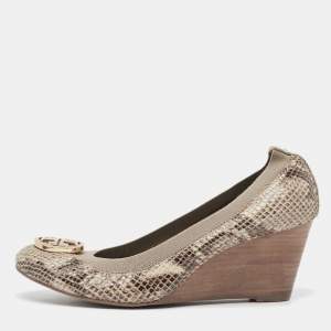 Tory Burch Two Tone Snakeskin Embossed Suede Scrunch Wedge Pumps Size 38