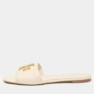 Tory Burch Cream Leather Eleanor Flat Slides Size 39.5