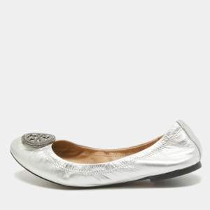 Tory Burch Silver Leather Reva Crystals Ballet Flats Size 37.5