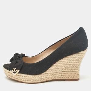 Tory Burch Black Canvas Peep Toe Wedge Pumps Size 36.5