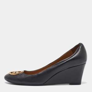 Tory Burch Black Leather Sally Wedge Pumps Size 37