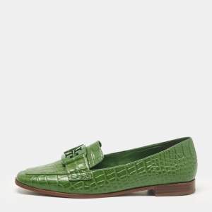 Pre Owned Tory Burch Green Croc Embossed Leather Georgia Loafers Size 38.5