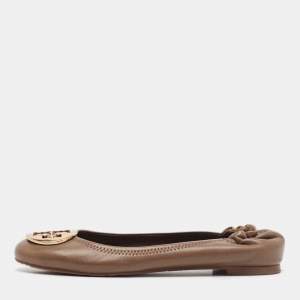 Tory Burch Brown Leather Reva Scrunch Ballet Flats Size 38.5