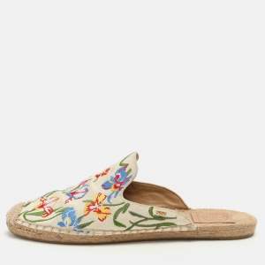 Tory Burch Multicolor Floral Embroidered Canvas Espadrille Mules Size 37.5