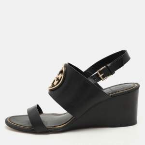 Tory Burch Black Leather Metal Miller Slingback Wedge Sandals Size 39