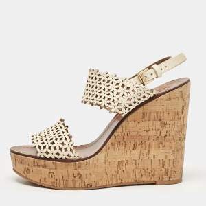 Pre Owned Tory Burch Cream Leather Daisy Wedge Sandals Size 39.5