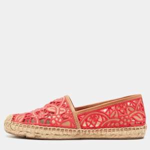 Tory Burch Pink/Brown Lace and Leather Lucia Espadrille Flats Size 37.5