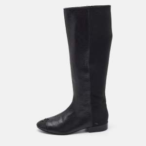 Pre Owned Tory Burch Black Leather Cap Toe Mid Calf Boots Size 39.5