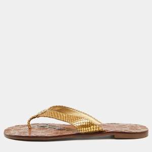 Tory Burch Gold Snakeskin Embossed Leather Monroe Thong Flats Size 37