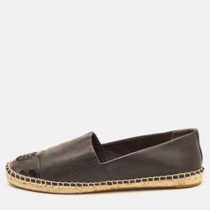 Tory Burch Black Leather Logo Cap Toe Espadrille Flats Size 39