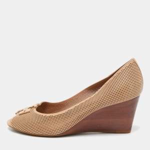 Tory Burch Beige Leather Jade Peep Toe Wedge Pumps Size 37
