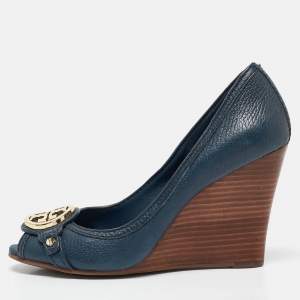Pre Owned Tory Burch Navy Blue Leather Metal Logo Wedge Pumps Size 37.5