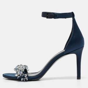 Tory Burch Blue Satin Crystal Embellished Ankle Strap Sandals Size 37.5