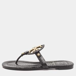 Pre Owned Tory Burch Black Python Embossed Leather Logo Miller Thong Flats Size 35.5