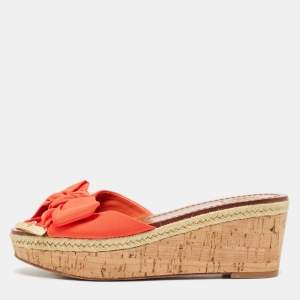 Tory Burch Orange Canvas Bow Cork Wedge Slide Sandals Size 35