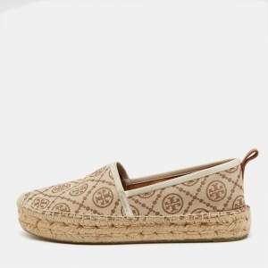 Pre Owned Tory Burch Brown/Beige T Monogram Canvas and Leather Espadrille Flats Size 38.5