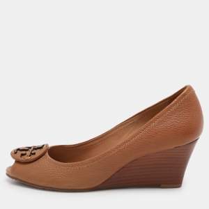 Pre Owned Tory Burch Brown Leather Chelsea Wedge Pumps Size 38