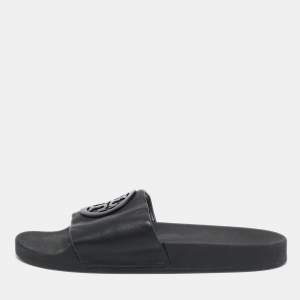Tory Burch Black Leather Double T Flat Slides Size 39.5