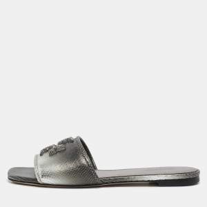 Pre Owned Tory Burch Grey Snakeskin Embossed Leather Ines Flat Sandals Size 37.5