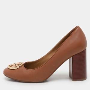 Tory Burch Brown Leather Block Heel Pumps Size 37
