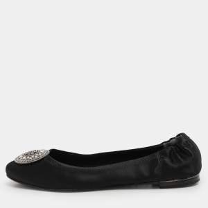 Tory Burch Black Satin Crystal Logo Embellished Ballet Flats Size 36.5
