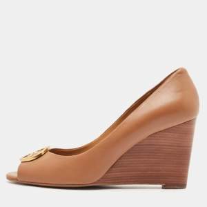Pre Owned Tory Burch Tan Leather Benton Peep Toe Wedge Pumps Size 38