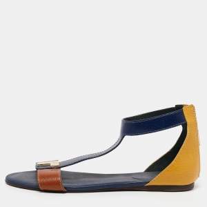 Tory Burch Brown/Blue Leather T-Strap Flat Sandals Size 40 