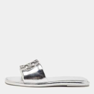 Tory Burch Silver Leather Double T Flat Slides Size 40.5