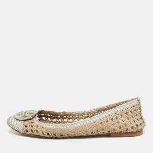Pre Owned Tory Burch Gold/Silver Woven Leather Reva Scrunch Ballet Flats Size 37.5