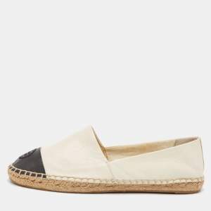 Tory Burch Off-White/Black Leather Logo Cap Toe Espadrille Flats Size 37.5