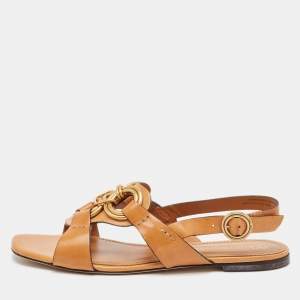 Tory Burch Brown Leather Crystal Embellished Slingback Flat Sandals Size 38