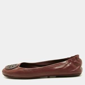 Tory Burch Burgundy Leather Minnie Travel Ballet Flats Size 40.5