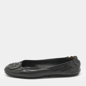 Tory Burch Black Leather Minnie Travel Ballet Flats Size 40.5