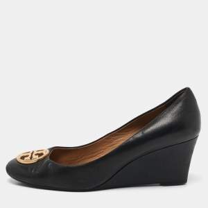 Tory Burch Black Leather Sally Wedge Pumps Size 39