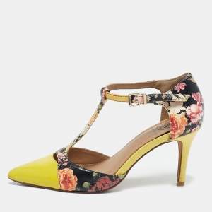 Tory Burch Yellow Patent Leather Floral Print T-Strap Pointed Toe Pumps Size 36