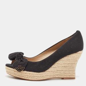 Tory Burch Black Canvas Bow Peep Toe Platform Wedge Espadrille Pumps Size 36