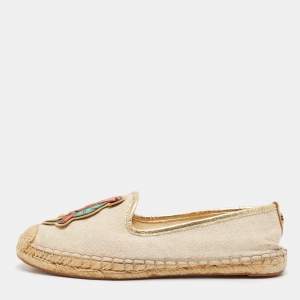 Tory Burch Beige/Gold Canvas and Leather Trim Parrot Espadrille Flats Size 36